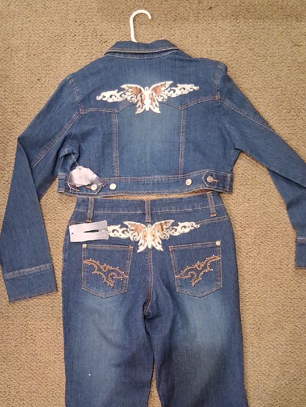 JACKET & JEANS SET..Denim Jeans with Embellished Butterfly Accent - Blue WESTERN